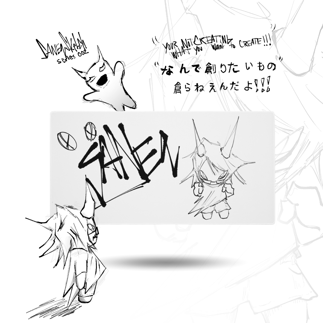 SANEQ Sketch Series 002 XL gaming desk mat 36 x 18 in (91 x 46 cm) with hand-drawn ink art and the SANEQ tag