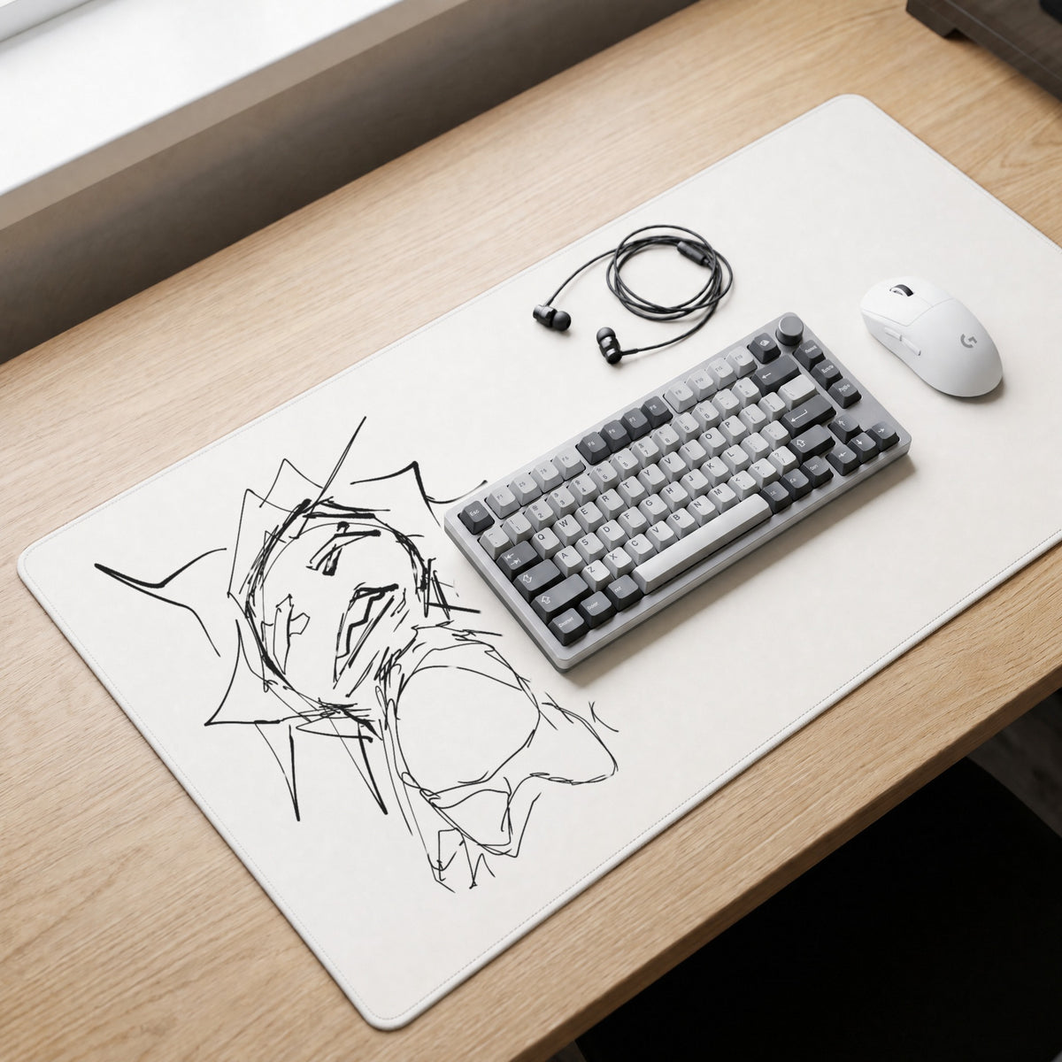 Sketch Series 005 White MAX desk mat on a desk with a 75% keyboard, wireless mouse and IEMs