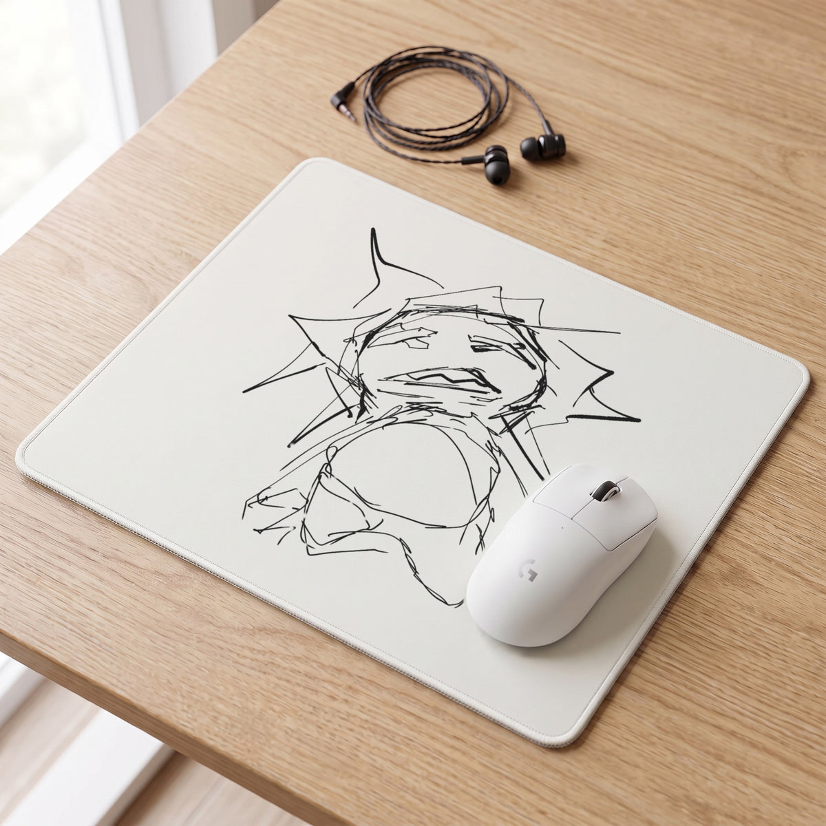 Sketch Series 005 White Mini mouse pad on a desk with a wireless mouse and IEMs