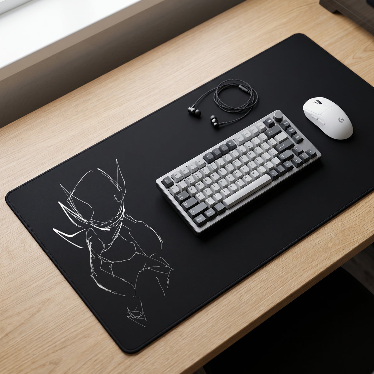 Sketch Series 006 Black MAX desk mat on a desk with a 75% keyboard, wireless mouse and IEMs