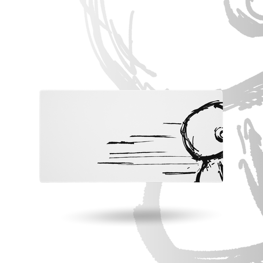 Sketch Series 001 desk mat, front view: white cloth mouse pad with a hand-drawn round-headed character and motion lines