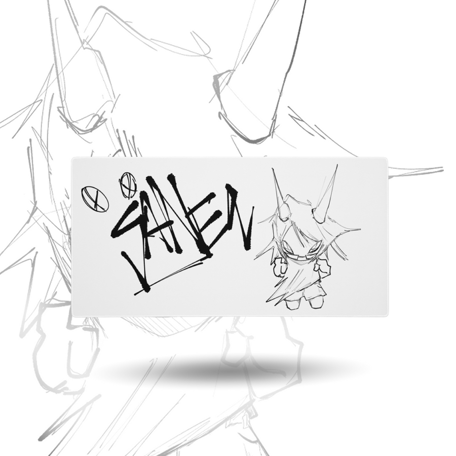 Sketch Series 002 desk mat, front view: white cloth mouse pad with the SANEQ tag and a spiky horned character sketch
