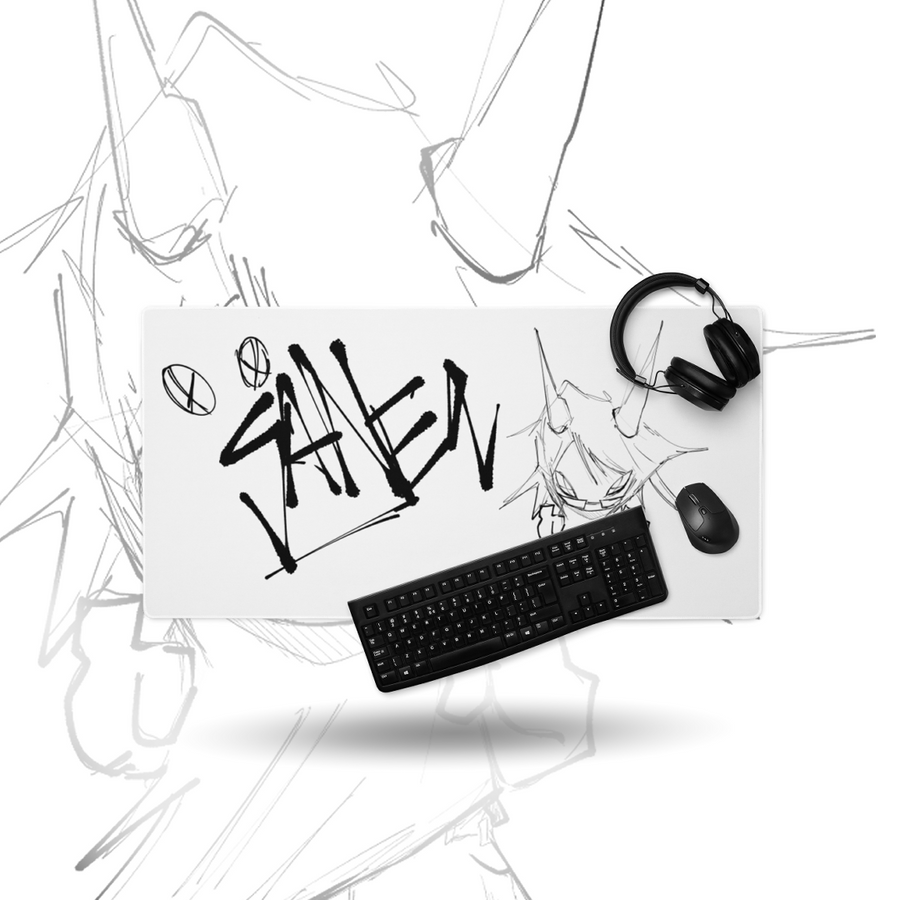 Sketch Series 002 XL desk mat on a desk with a keyboard, mouse and headphones for scale