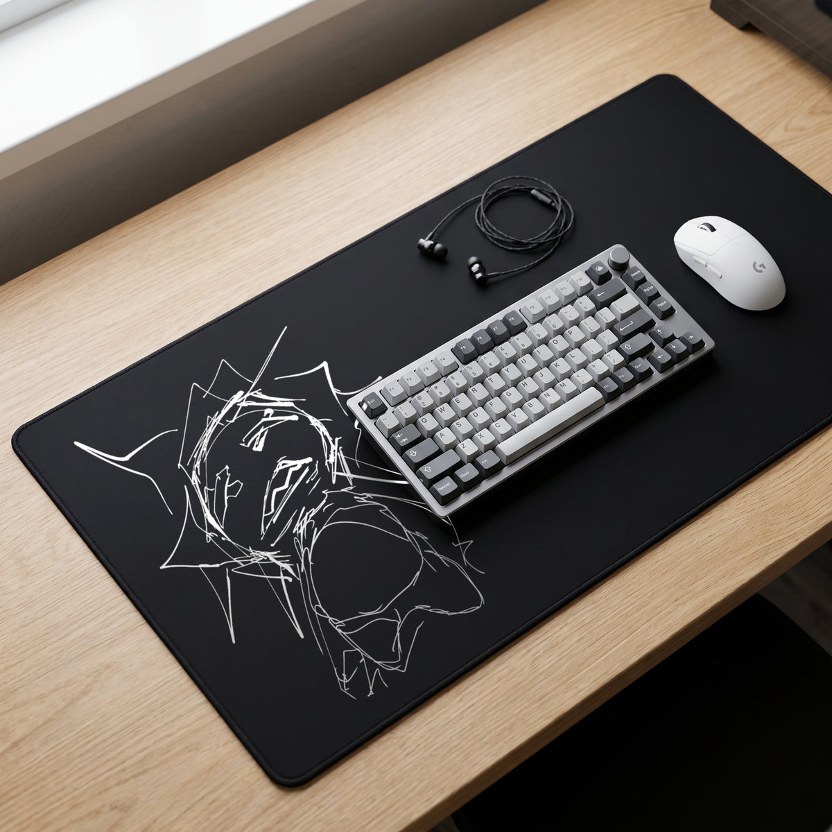 Sketch Series 005 Black MAX desk mat on a desk with a 75% keyboard, wireless mouse and IEMs