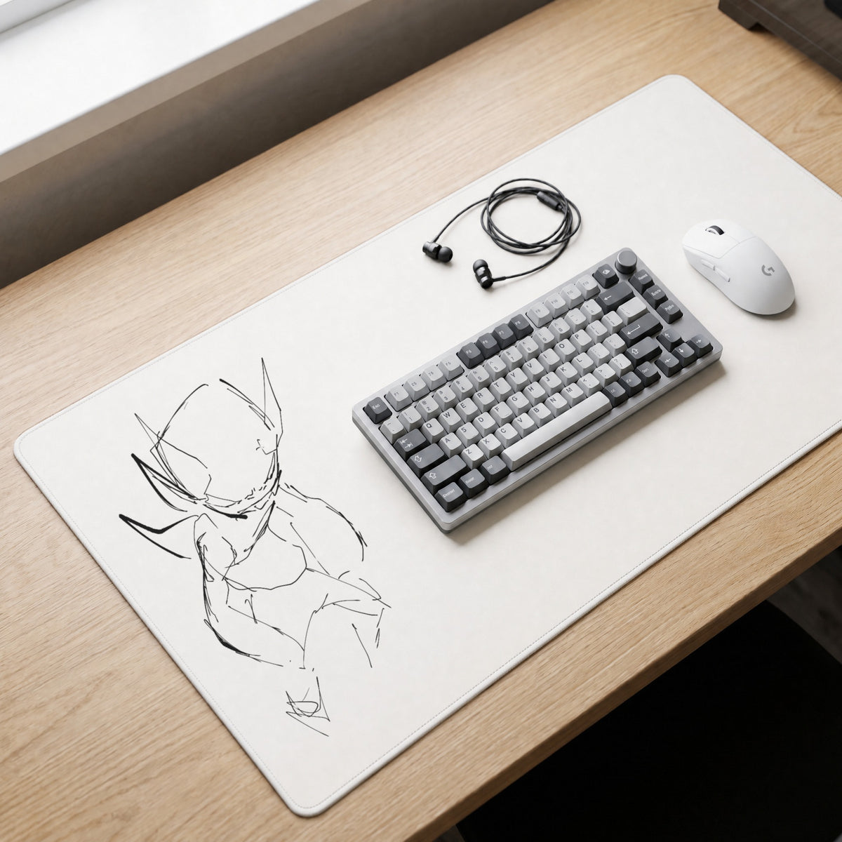 Sketch Series 006 White MAX desk mat on a desk with a 75% keyboard, wireless mouse and IEMs